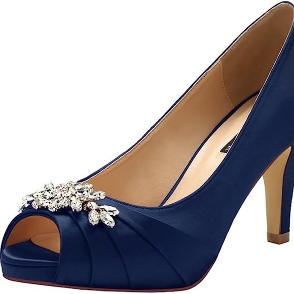 Navy Blue Satin Peep Toe Shoes w/Embroidery - Picture 1 of 8